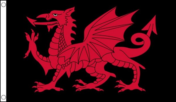 2ft by 3ft Wales Red Dragon on Black Flag