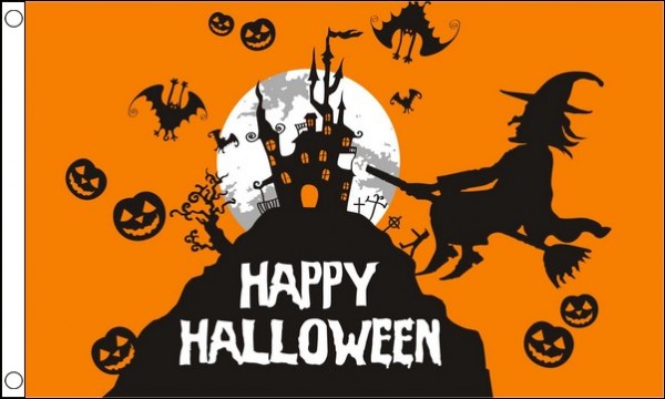 Happy Halloween Flag Haunted House Witch and Bats 