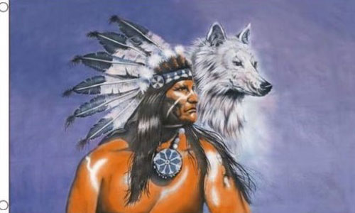 Native Indian with Wolf Flag (Blue Background)