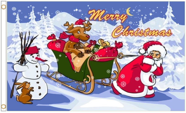 Merry Christmas Flag Rudolf on a Sleigh (Blue)