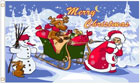 Merry Christmas Rudolf on a Sleigh Flag with Santa and Snowman (Blue)