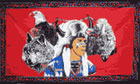 Native Indian with Eagle Wolf and Bison Flag (Red Background)